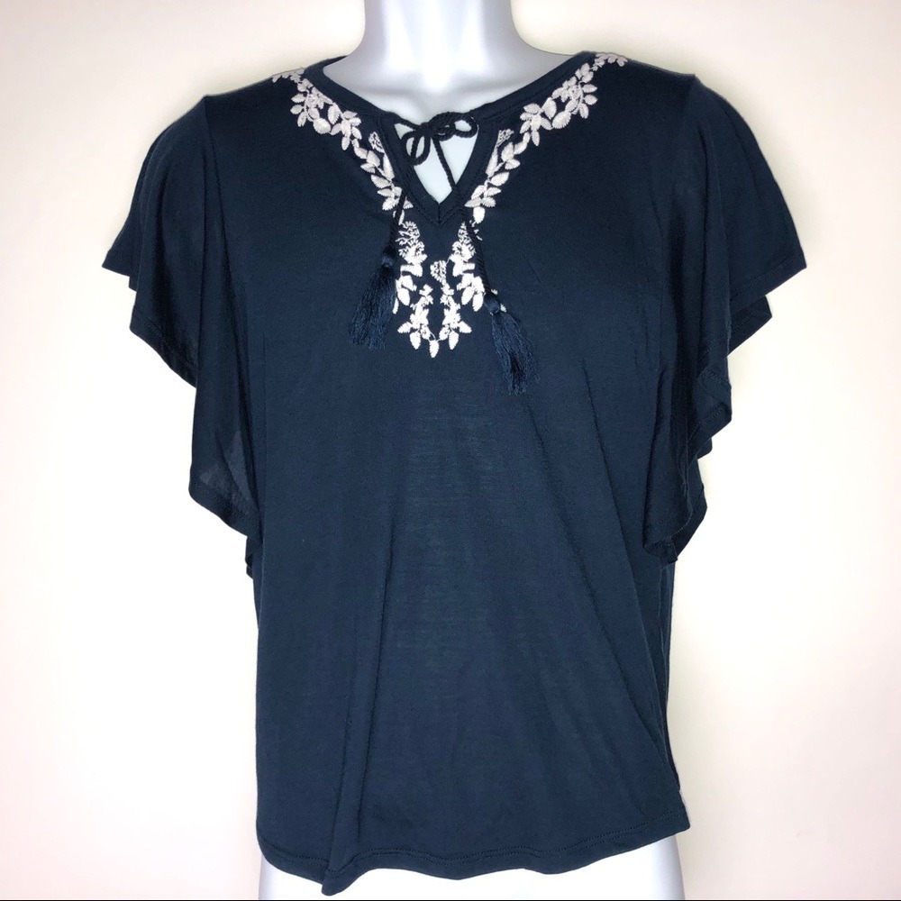 Liz‎ Claiborne Dark Blue Embroidery Blouse NWT PM
